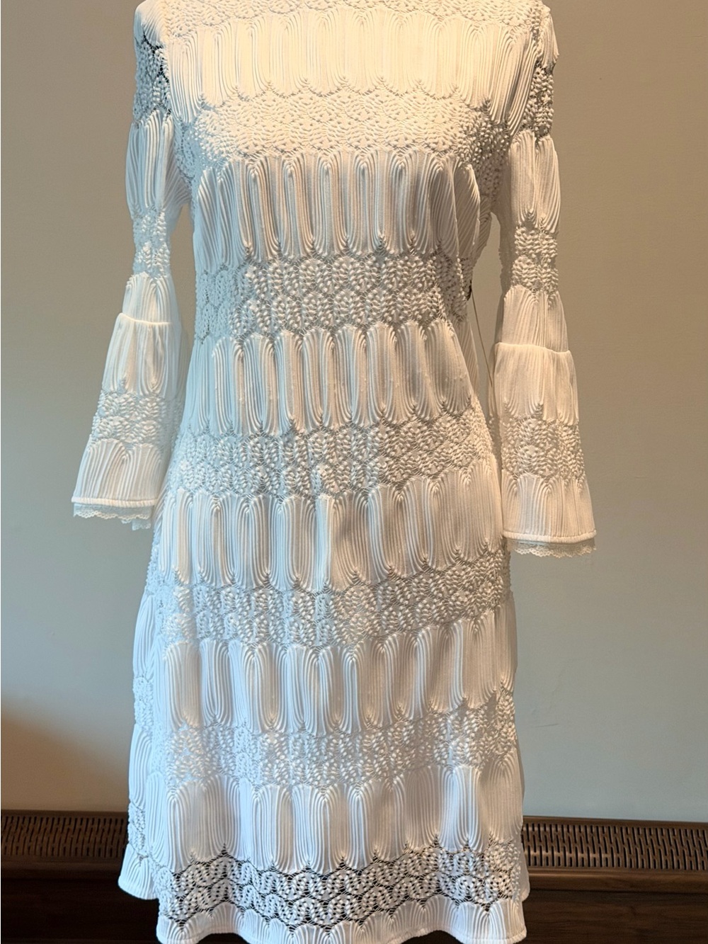 New York & Company White Long-Sleeve Textured Midi Dress